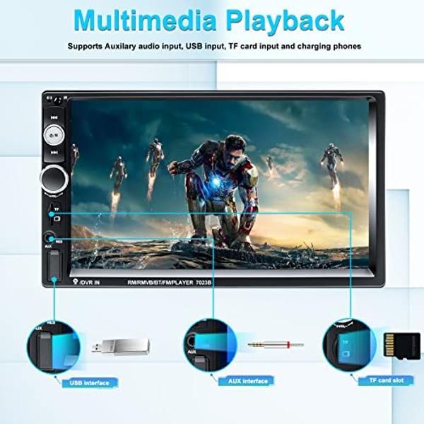 Hikity Double Din Car Stereo Car Radio with Bluetooth 7 Inch Touchscreen Car Audio with FM/Hands Free Calling/Mirror Link/USB/TF/FM/AUX/EQ/Rear View Camera/Remote Control + Frame