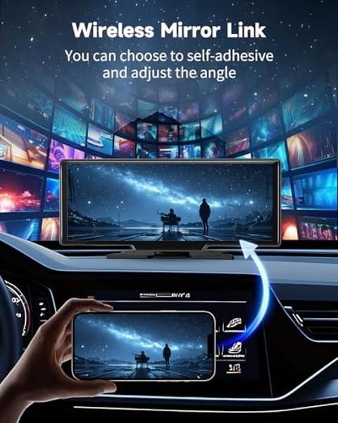 Kuayvan Wireless Carplay Screen for Car - 10.26 Inch Car Stereo Wireless Car Play & Android Auto Touch Screen, with 4K Dash Cam, Backup Camera, GPS Navigation, Voice Control,Blueto