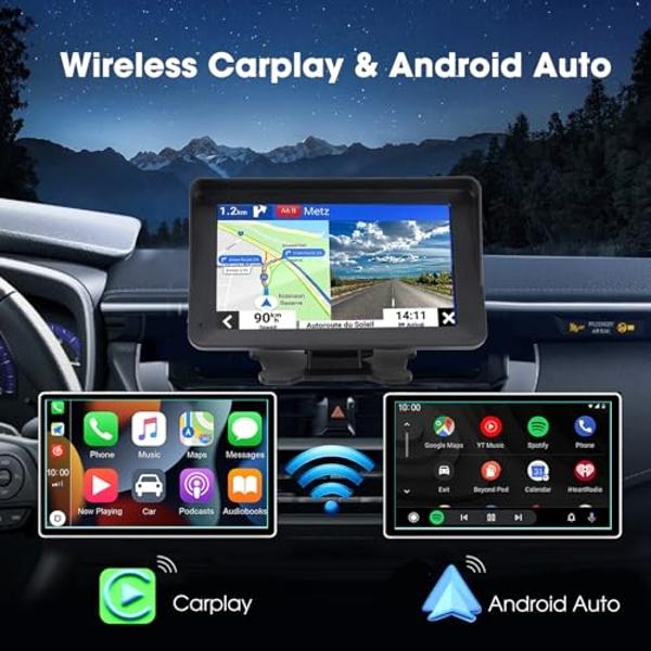 Portable Wireless Car Stereo with Apple CarPlay/Android Auto,7" HD Portable Touch Screen Car Radio Multimedia Player with Bluetooth, Navigation, Mirror Link for All Vehicles（No Bac