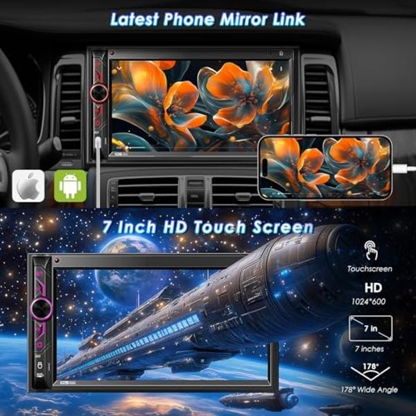 Double Din CarPlay Multimedia System: 7 Inch Touchscreen Car Stereo Receiver – Bluetooth Android Auto Car Radio with Backup Camera Mirror Link AM FM USB SD AUX Subwoofer Steering W