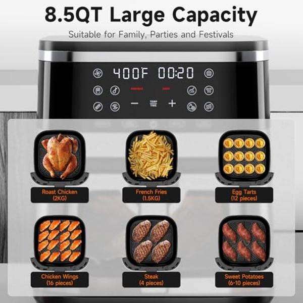 Kitchen Elite® Air Fryer Oven Stainless Steel, XL 8.5QT Large Airfryer with View Window, 10 one-touch Functions, Precise Temp Control, 90% Less Oil, Rapid Heating, Roast, Dehydrate