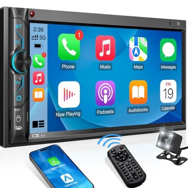 Double Din CarPlay Multimedia System: 7 Inch Touchscreen Car Stereo Receiver – Bluetooth Android Auto Car Radio with Backup Camera Mirror Link AM FM USB SD AUX Subwoofer Steering W