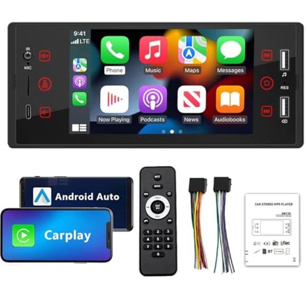 PolarLander 4.1 Inch HD TFT Screen Car Radio Stereo Bluetooth Carplay Android Auto 1 din Size Support Rear View Camera TF USB Type C Charging Mirror Link FM MP4 MP5 Player