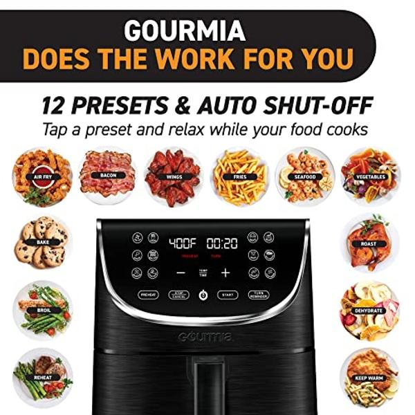 Gourmia Air Fryer Oven Digital Display 7 Quart Large AirFryer Cooker 12 Touch Cooking Presets, XL Air Fryer Basket 1700w Power Multifunction GAF716 Black and Stainless Steel Accent