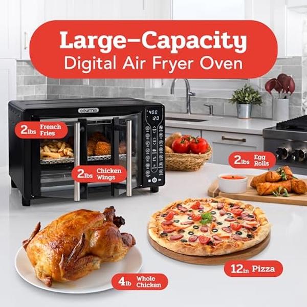 Gourmia Toaster Oven Air Fryer Combo 17 cooking presets 1700W french door digital air fryer oven 24L capacity accessories, convection rack, baking pan tray recipe book GTF7460,Larg