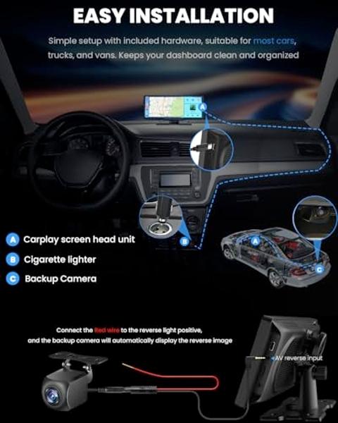 10.26 inch Wireless CarPlay Touchscreen for Car: 4K Dash Cam Car Play Screen with Carplay & Android Auto Portable Car Stereo 1080p Backup Camera Auto Brightness GPS Navigation Blue