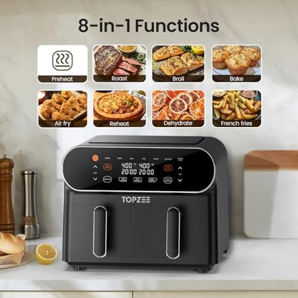 TOPZEE 11-QT Large Air Fryer - 8 in 1 XL Airfryer with Flex Basket, Divider for Dual Cooking, Preheat, Air Fry, Roast, Broil, Bake, Reheat, Dehydrate, French Fries, Dishwasher Safe