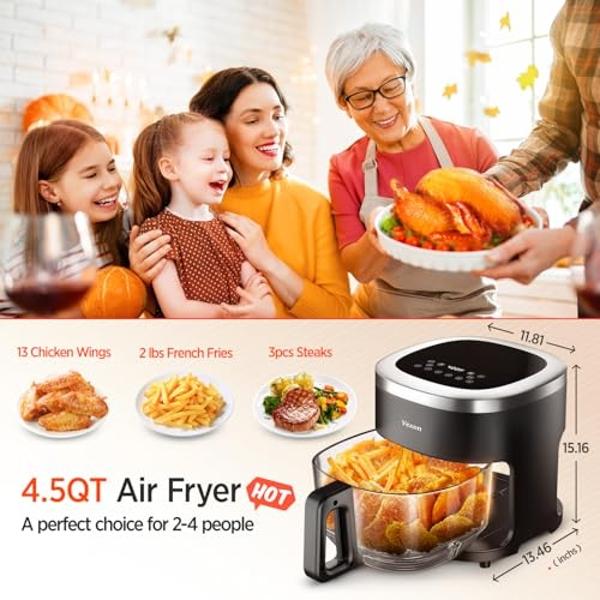 Vexon 6-IN-1 Glass Air Fryer,4.5QT Air Fryer with Viewing Glass Pot, Air Fry, Roast, Reheat, Dehydrate, Air Crisp Technology,Nonstick & Dishwasher Safe Basket,97% Less Oil,Features