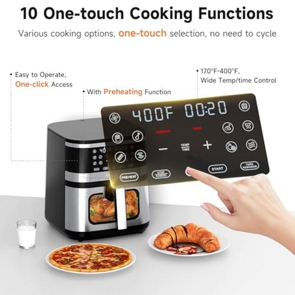 Kitchen Elite® Air Fryer Oven Stainless Steel, XL 8.5QT Large Airfryer with View Window, 10 one-touch Functions, Precise Temp Control, 90% Less Oil, Rapid Heating, Roast, Dehydrate