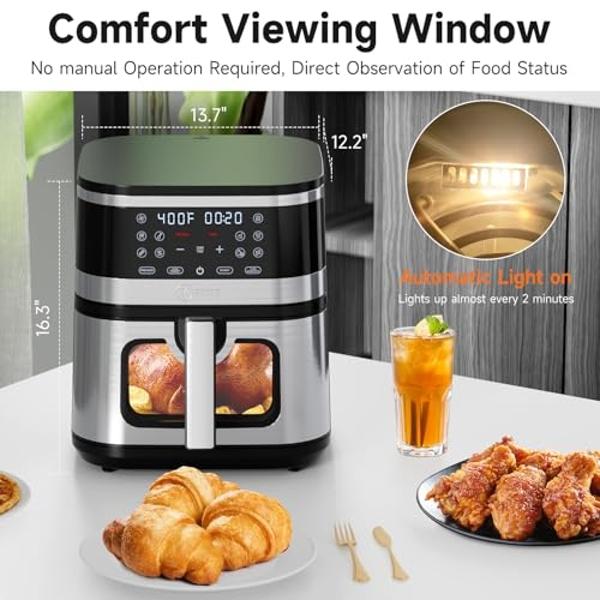 Kitchen Elite® Air Fryer Oven Stainless Steel, XL 8.5QT Large Airfryer with View Window, 10 one-touch Functions, Precise Temp Control, 90% Less Oil, Rapid Heating, Roast, Dehydrate