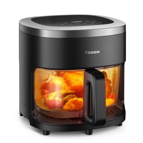 Vexon 6-IN-1 Glass Air Fryer,4.5QT Air Fryer with Viewing Glass Pot, Air Fry, Roast, Reheat, Dehydrate, Air Crisp Technology,Nonstick & Dishwasher Safe Basket,97% Less Oil,Features