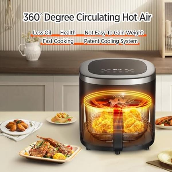 Vexon 6-IN-1 Glass Air Fryer,4.5QT Air Fryer with Viewing Glass Pot, Air Fry, Roast, Reheat, Dehydrate, Air Crisp Technology,Nonstick & Dishwasher Safe Basket,97% Less Oil,Features