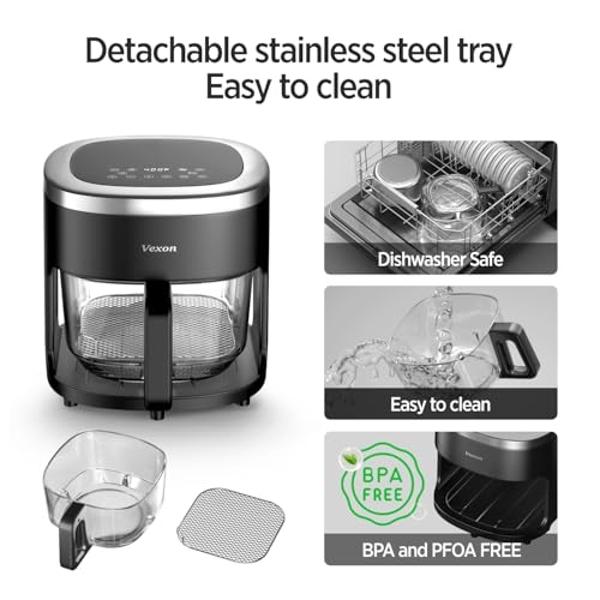 Vexon 6-IN-1 Glass Air Fryer,4.5QT Air Fryer with Viewing Glass Pot, Air Fry, Roast, Reheat, Dehydrate, Air Crisp Technology,Nonstick & Dishwasher Safe Basket,97% Less Oil,Features