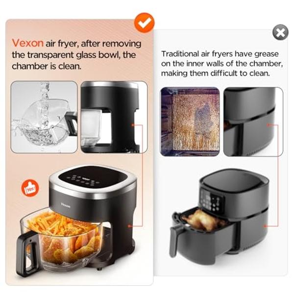 Vexon 6-IN-1 Glass Air Fryer,4.5QT Air Fryer with Viewing Glass Pot, Air Fry, Roast, Reheat, Dehydrate, Air Crisp Technology,Nonstick & Dishwasher Safe Basket,97% Less Oil,Features