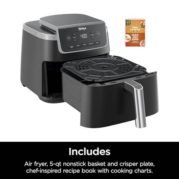 Ninja Air Fryer Pro 5-in-1, 5 QT Capacity, Air Fry, Bake, Roast, Reheat, and Dehydrate, Air Crisp Technology, Nonstick Basket & Crisper Plate, Grey, AF142