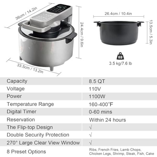 OKF Air Fryer, 8.5 Quart Large Capacity Airfryer Family Size, 270° Large Clear View Window Air Fryers, Easy to Clean Nonstick Basket, Double Security Protection, 160-400°F, 1100W, 