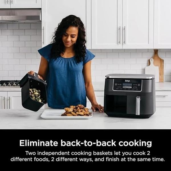 Ninja DZ201 Foodi 8 Quart 6-in-1 DualZone 2-Basket Air Fryer with 2 Independent Frying Baskets, Match Cook & Smart Finish to Roast, Broil, Dehydrate & More for Quick, Easy Meals, G