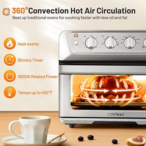 COSTWAY Air Fryer Toaster Oven, 7-in-1 Convection Countertop Oven w/Auto-Shut-Off, Timer, Accessories, Cookbook, 1800W, 21.5 QT Air Fryer Toaster Oven Combo, Bake, Broil, Toast, St