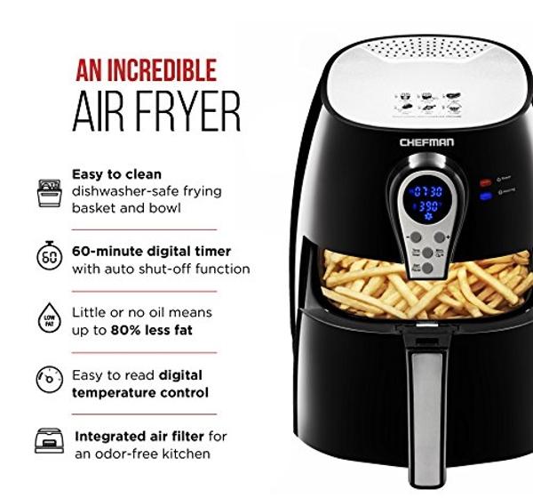 Chefman 2.5 Liter/2.6 Quart Air Fryer with Digital Display Adjustable Temperature Control for The Perfect Result in Frying a Variety of Foods, BPA Free, Cool-to-Touch Exterior