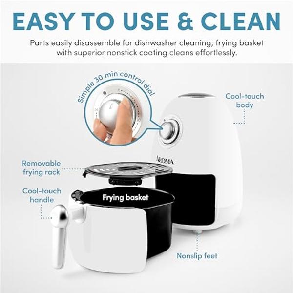 Aroma Housewares 2Qt. Air Fryer, Built-In Timer, Includes Nonstick Cooking Pan, White (AAF-200)