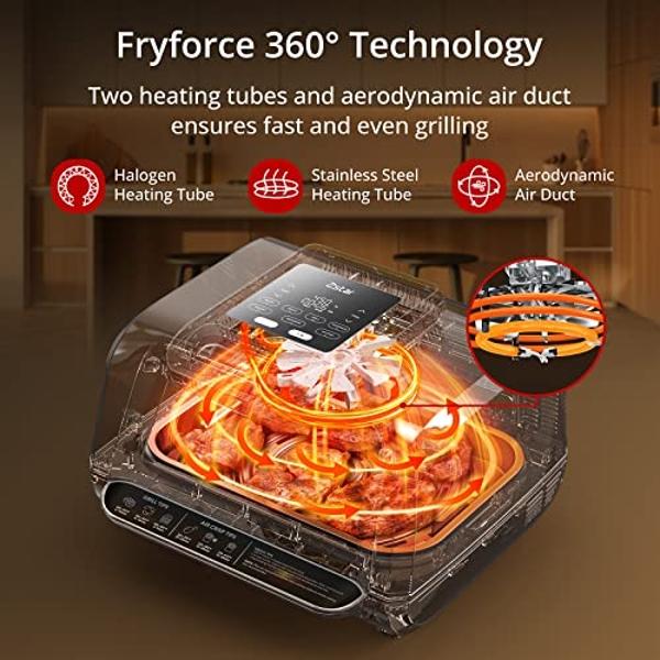 Indoor Grill Smokeless, Air Fryer Grill with Adjustable Temperature to 450°F, Electric Grill with Easy View Window, Removable Nonstick Grate, Tongs, Fast and Even Heating, 4Qt for 