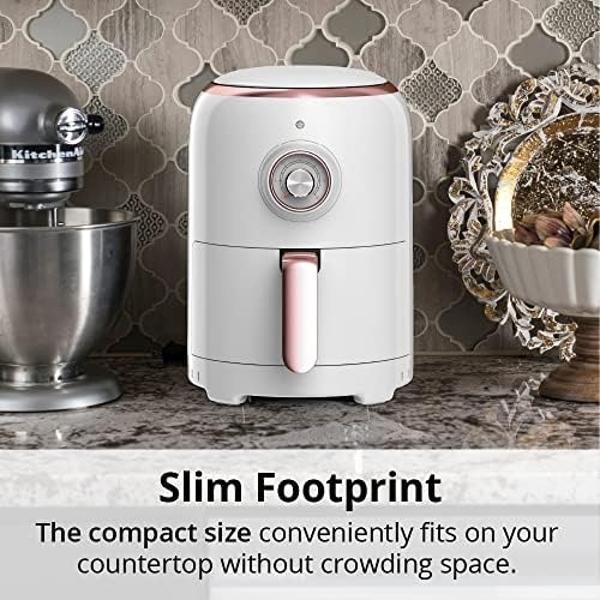Aria Air Fryers 2Qt Retro Style Ceramic Build, Compact Size Airfryer, Easy Clean & Dishwasher Safe, Ceramic Nonstick Teflon Free Small Convection, White/Rose Gold Trim & Basket Han