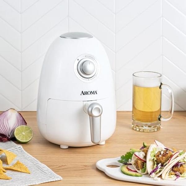 Aroma Housewares 2Qt. Air Fryer, Built-In Timer, Includes Nonstick Cooking Pan, White (AAF-200)