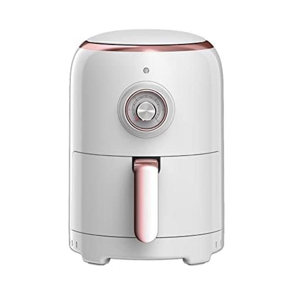 Aria Air Fryers 2Qt Retro Style Ceramic Build, Compact Size Airfryer, Easy Clean & Dishwasher Safe, Ceramic Nonstick Teflon Free Small Convection, White/Rose Gold Trim & Basket Han