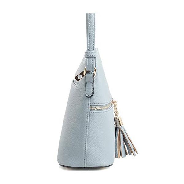 SG SUGU Lunar Lightweight Medium Dome Crossbody Bag Shoulder Bag with Double Tassels | Zipper Pocket | Adjustable Strap|Light Blue