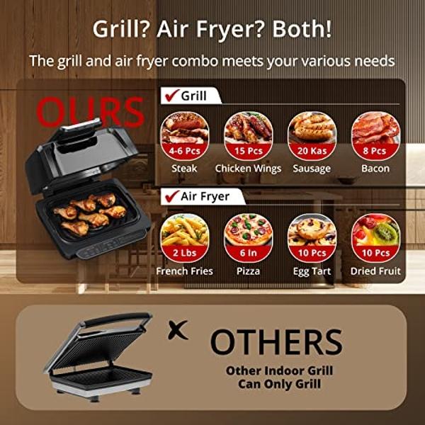 Indoor Grill Smokeless, Air Fryer Grill with Adjustable Temperature to 450°F, Electric Grill with Easy View Window, Removable Nonstick Grate, Tongs, Fast and Even Heating, 4Qt for 
