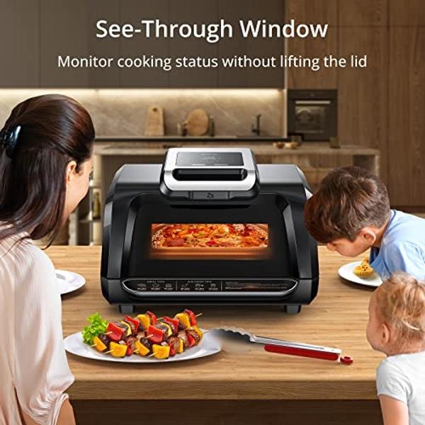 Indoor Grill Smokeless, Air Fryer Grill with Adjustable Temperature to 450°F, Electric Grill with Easy View Window, Removable Nonstick Grate, Tongs, Fast and Even Heating, 4Qt for 