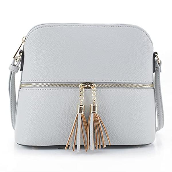 SG SUGU Lunar Lightweight Medium Dome Crossbody Bag Shoulder Bag with Double Tassels | Zipper Pocket | Adjustable Strap|Light Blue