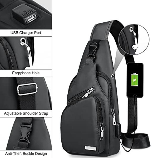Waterproof Sling Bag Crossbody Backpack for Men Women Sling Backpack Hiking Daypack Multipurpose Cross Body Chest Shoulder Bag with USB Hole Port & Headphone Hole for Outdoor Walki
