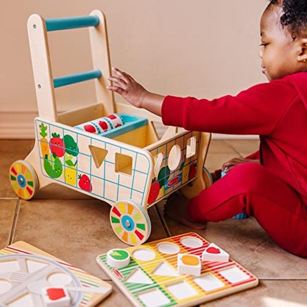 Melissa & Doug Wooden Shape Sorting Grocery Cart Push Toy and Puzzles - Pretend Play Grocery Toys, Sorting And Stacking Toys For Infants And Toddlers Ages 1+ - FSC-Certified Materi