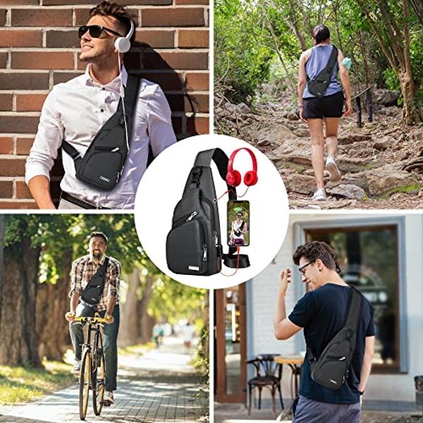 Waterproof Sling Bag Crossbody Backpack for Men Women Sling Backpack Hiking Daypack Multipurpose Cross Body Chest Shoulder Bag with USB Hole Port & Headphone Hole for Outdoor Walki