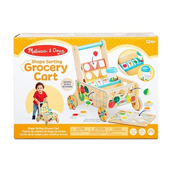 Melissa & Doug Wooden Shape Sorting Grocery Cart Push Toy and Puzzles - Pretend Play Grocery Toys, Sorting And Stacking Toys For Infants And Toddlers Ages 1+ - FSC-Certified Materi