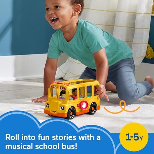 Fisher-Price Little People Toddler Toy School Bus Musical Push-Along Vehicle with 2 Figures for Pretend Play Ages 1+ Years