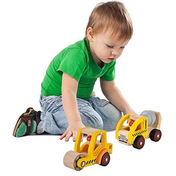 Wooden Push Car Toys for Infants 12-18 Months, 2 Pcs Baby Vehicle Toys Hand Push Car for 1 2 Year Old Boys Girls (Cement Truck + Road Roller)