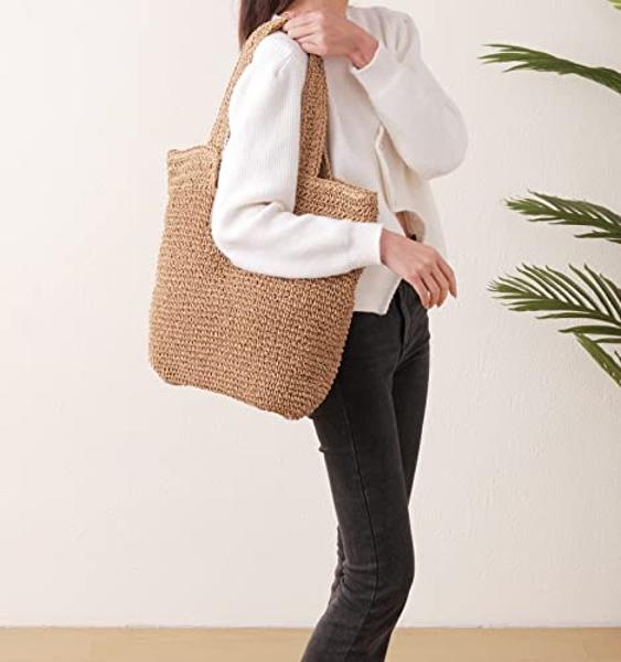 Beach Bags for Women - Summer Soft Large Woven Shoulder Purse Handbag, Beach Tote Straw Bag for Summer Vacation, Brown