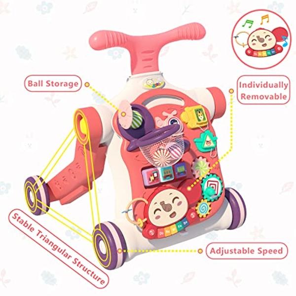 QDRAGON 5 in 1 Walker for Baby Girl, Baby Push Walkers, Assemble as Scooter/Motorbike/Activity Center/Detachable Panel, Walking Toys for Infants 6-12 Months, Red