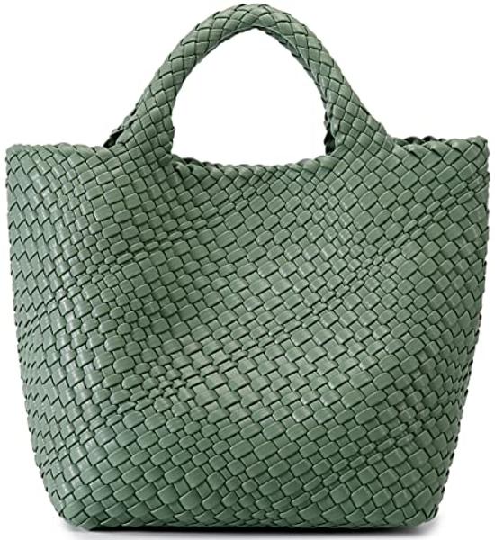 Woven Bag for Women, Vegan Leather Tote Bag Large Summer Beach Travel Handbag and Purse Retro Handmade Shoulder Bag (Bean Green)