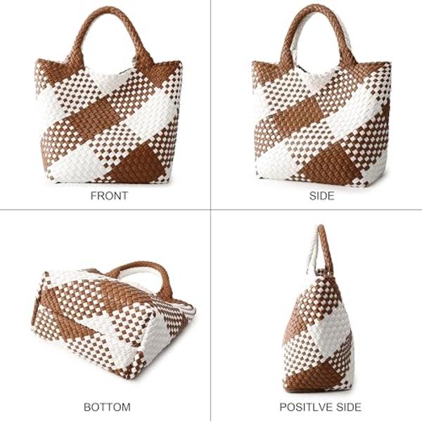 Woven Bag for Women, Vegan Leather Tote Bag Large Summer Beach Travel Handbag and Purse Retro Handmade Shoulder Bag (Brown and white contrasting)
