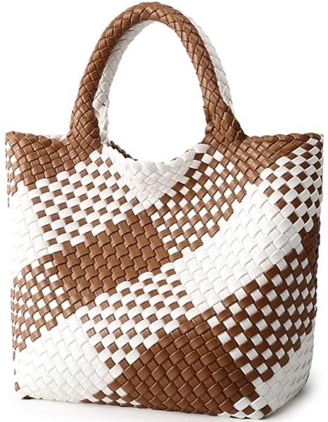 Woven Bag for Women, Vegan Leather Tote Bag Large Summer Beach Travel Handbag and Purse Retro Handmade Shoulder Bag (Brown and white contrasting)