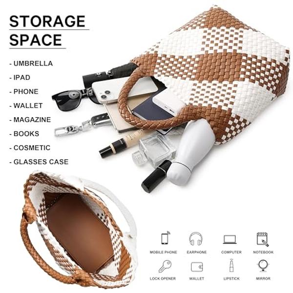 Woven Bag for Women, Vegan Leather Tote Bag Large Summer Beach Travel Handbag and Purse Retro Handmade Shoulder Bag (Brown and white contrasting)