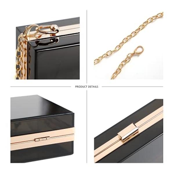 WJCD Women Clear Purse Acrylic Box Clutch Handbag, Small Transparent Crossbody Evening Bag Stadium Approved Gold Chain Strap (Clear black)