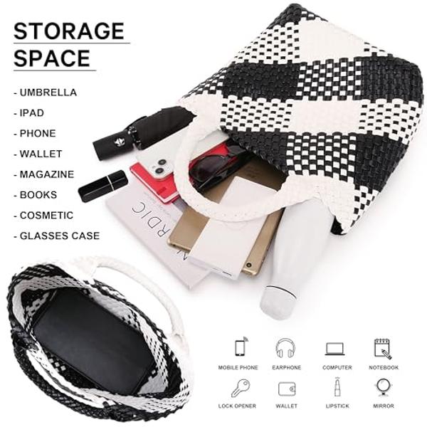 Woven Bag for Women, Vegan Leather Tote Bag Large Summer Beach Travel Handbag and Purse Retro Handmade Shoulder Bag (Black and white contrasting)