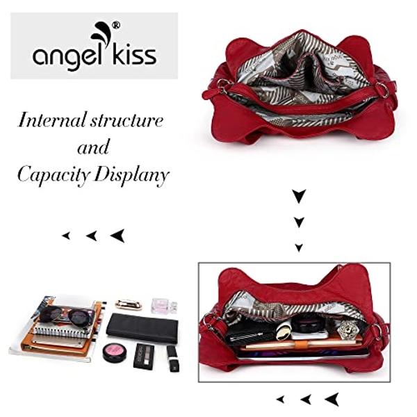 Angelkiss Women Multiple Pockets Purses and Handbags Washed Leather, Two Top Zippers Closure, Red
