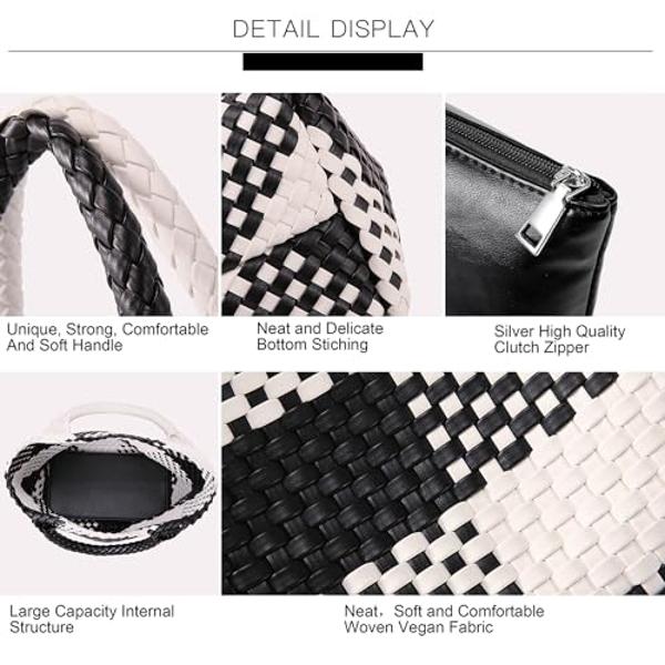 Woven Bag for Women, Vegan Leather Tote Bag Large Summer Beach Travel Handbag and Purse Retro Handmade Shoulder Bag (Black and white contrasting)