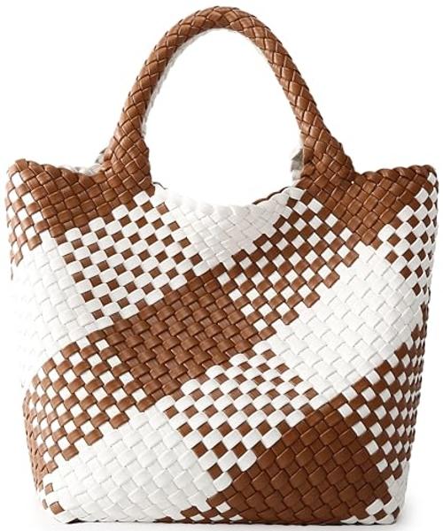 Woven Bag for Women, Vegan Leather Tote Bag Large Summer Beach Travel Handbag and Purse Retro Handmade Shoulder Bag (Brown and white contrasting)