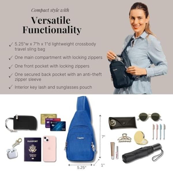 Baggallini Anti-Theft Daytripper Sling 7x12 Crossbody Bag Travel Safe, Securtex Locking Zippers, Slash-Resistant Strap